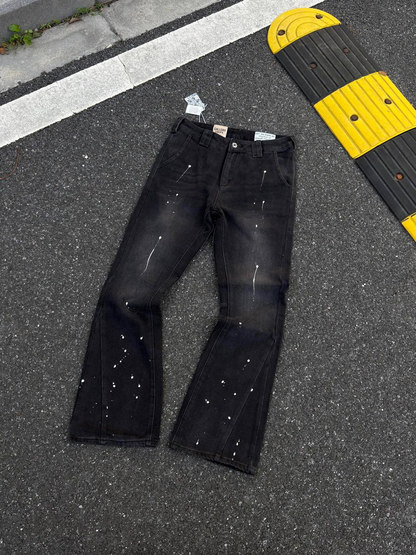 P240💰GA07 Top heavy industry GALLERY DEPT. Spliced ​​ink splash back logo washed retro jeans men and women high street splash ink pants micro-flared casual trousers trendy couple same style Size: 28 30 32 34 36 (corresponds to S M L XL XXL)
